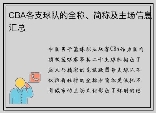 CBA各支球队的全称、简称及主场信息汇总